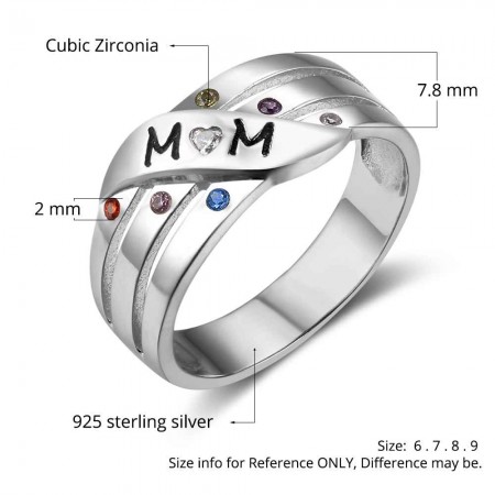 Bague personnalisée en argent 925, avec 6 Pierres de naissance et 6 Prénoms gravés.