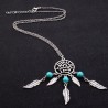 Collier pendentif attrape-rêve perle bleue et 7 plumes en métal