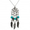Collier pendentif attrape-rêve perle bleue et 7 plumes en métal