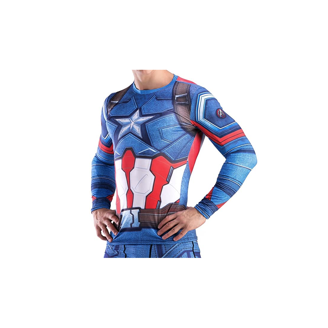T-shirt compression Homme Captain America, 3D Tops Rashguard Musculation,  bleu-multicouleur, manches longues. Taille Adulte M